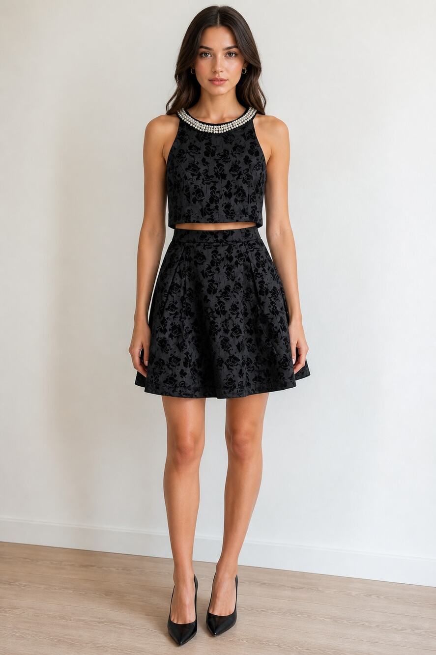 Francesca's Black Floral Cutout Two-Piece Dress XS